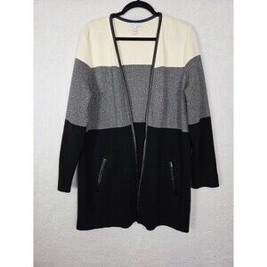 Charter Club Open Front Cardigan Sweater L Black Gray Colorblock Cotton